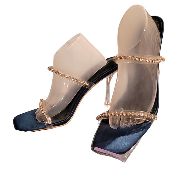 Cape Robbin Teal Satin Acrylic Stiletto Rhinestone Straps Slide On Wedding Heels - Picture 3 of 5